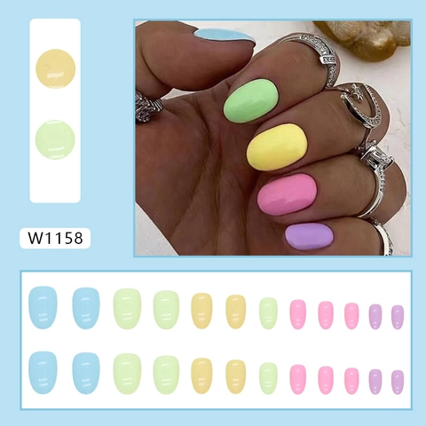 Ongles Adhésifs Macaron Colorés Court Ovale Brillant Été Frais Style Faux Ongles Plastique