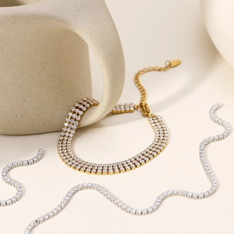 Triple Row Zircon Bracelet Stainless Steel 18K Gold Plated Tennis Chain For Women Adjustable Light Luxury