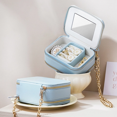 Portable Travel Jewelry Box PU Leather Double Layer Zipper Jewelry Organizer Case For Rings Earrings Necklaces With Mirror Small Gift