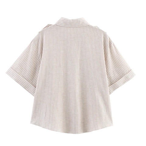 Damen Casual Leinen Gestreiftes Kurzarmhemd Vintage Reverskragen Button-Up Bluse Mit Schulterklappen Lockeres Top
