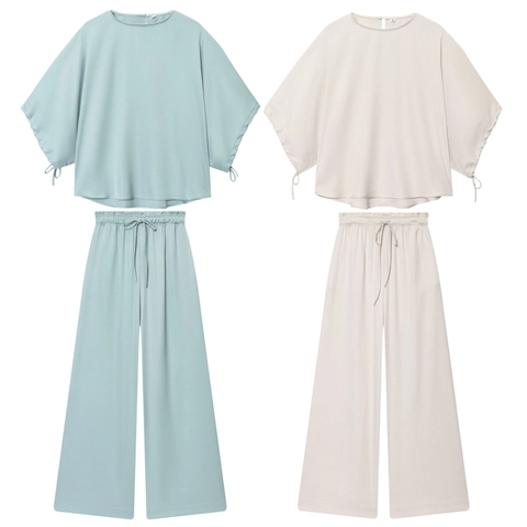 Women Solid Polyester Puff Sleeve Blouse And Wide Leg Pants Casual Breathable Loungewear Elastic Waist Drawstring Chic
