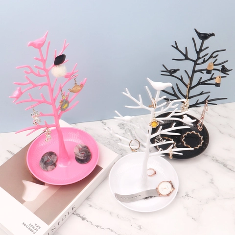Bird Tree Jewelry Display Stand Organizer ABS Plastic Branches Round Tray Base For Necklace Earring Ring Storage