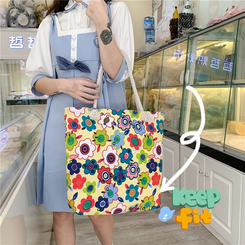 Canvas Tote Bag Large Capacity With Thick Braided Ropes Floral Printed Ethnic Leisure Beach Handbag For Women Zipper Closure