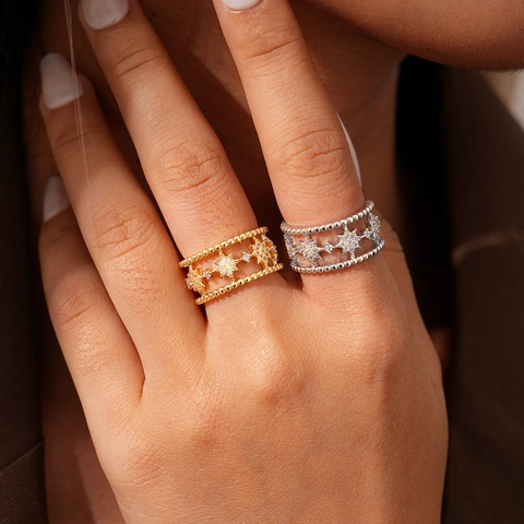 Anillo Calado Estrella Celestial Cobre Circonita Ajustable Lujo Vintage Borde De Cuentas Joyería De Moda Mujer