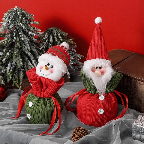 Weihnachtsgestrickte Kordelzug Geschenktüten Weihnachtsmann Schneemann Muster Süßigkeitenbeutel Festliche Dekoration