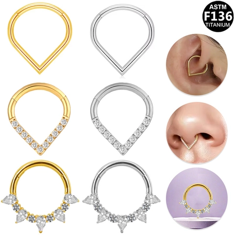 ASTM F136 Titanio Septum Clicker Aro Bisagra Segmento Gota V Forma Circonita Cúbica Nariz Cartílago Piercing Joyería