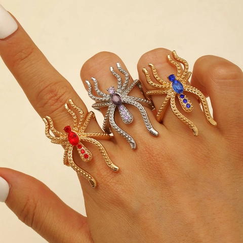 Bagues Araignée Punk Gothique Exagérées pour Femmes Incrustées de Strass Alliage de Zinc Bague Ouverture Réglable Bijoux Halloween