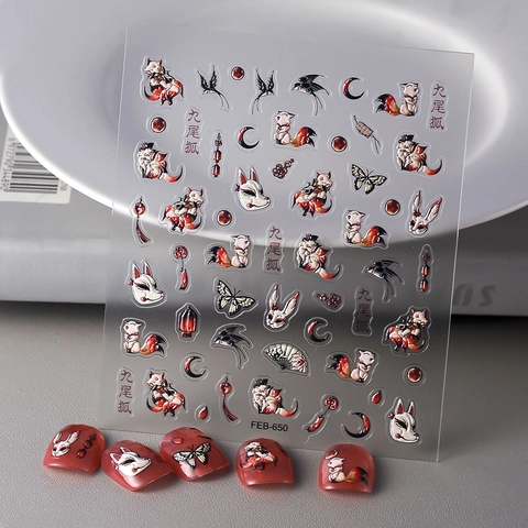 5D Relief Nail Art Stickers Nine-Tailed Fox Japanese Mask Embossed Self-Adhesive Manicure Decoration For Women