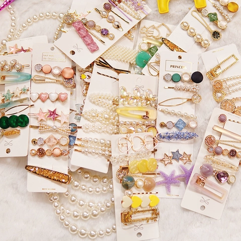 Rhinestone Artificial Pearl Hair Clips Alloy Resin Floral Heart Star Geometric Barrettes Sweet Korean Style Hairpin For Girls Women