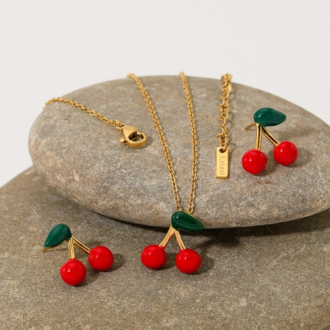 Kirsch Anhänger Halskette Und Ohrstecker Edelstahl Vergoldet Emaille Frucht Schmuck Süße Mode Für Frauen