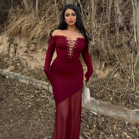 Robe Maxi Patchwork En Maille Épaules Dénudées À Lacets Manches Longues Moulante Sexy Élégante Soirée Pour Femmes