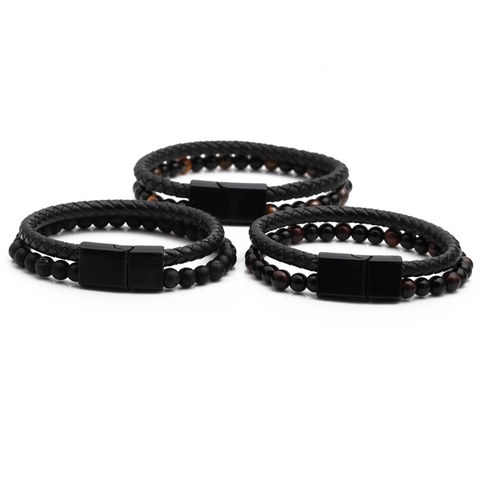 Bracciale Uomo Doppio Strato Acciaio Inossidabile Chiusura Magnetica Occhio Di Tigre Pietra Lavica Pelle Intrecciata Urban Casual