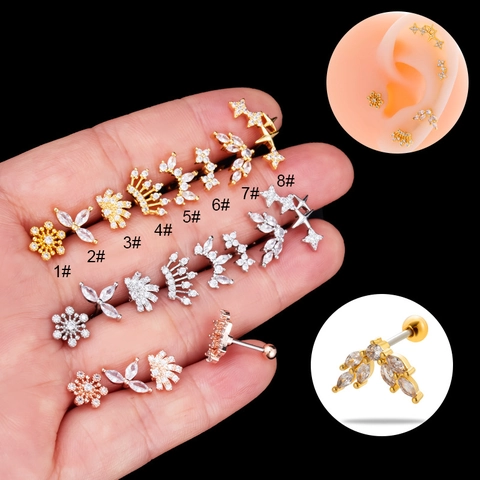 Kraakbeen Piercing Studs Roestvrij Staal Zirkoon Helix Tragus Oorbellen Dubbelzijdige Schroefbal Bloem Blad Ster Voor Dames