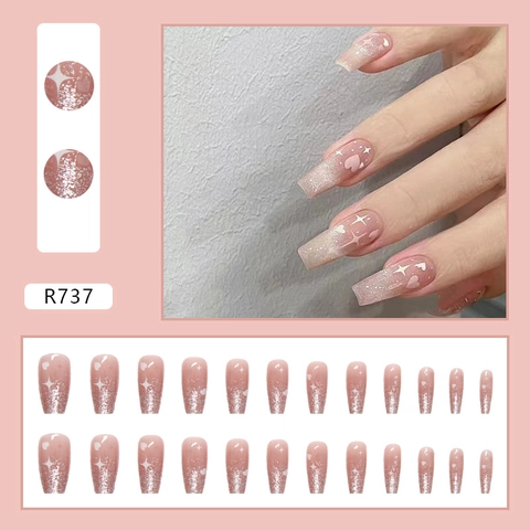 Faux Ongles Forme Cercueil Long Rose Ombre Argent Paillettes Oeil De Chat Motif Étoile Coeur Style Doux Valentin Pour Femmes