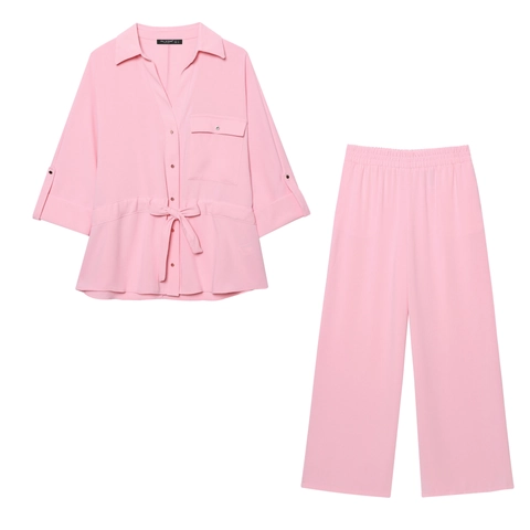 Women Shirt And Wide Leg Pants Lapel Tie Waist Solid Color Polyester Casual Streetwear Outfit