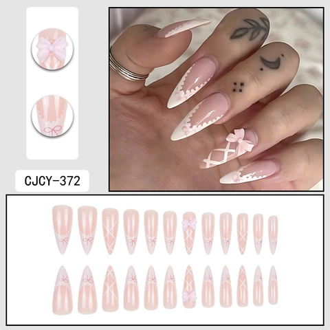 Unghie Finte Francesi Rosa Bianco Lungo Stiletto Con Fiocco In Resina 3D Stile Balletto Dolce Motivo In Pizzo
