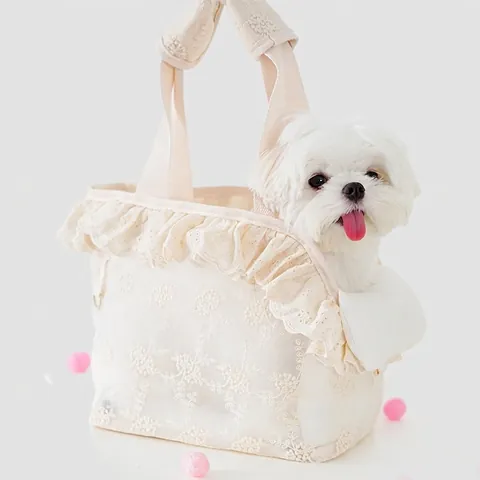 Pet Travel Carrier Bag Lace Embroidery Breathable Portable Handbag Shoulder Bag Small Dog Cat Cream White French Style