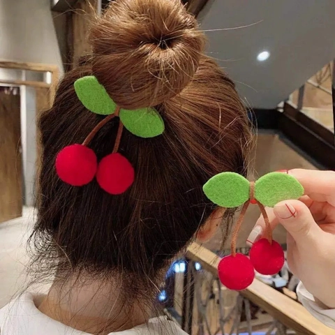 Cute Pompom Cherry Hair Clips Felt Leaf Duckbill Hairpin Fruit Style Headwear For Kids Girls
