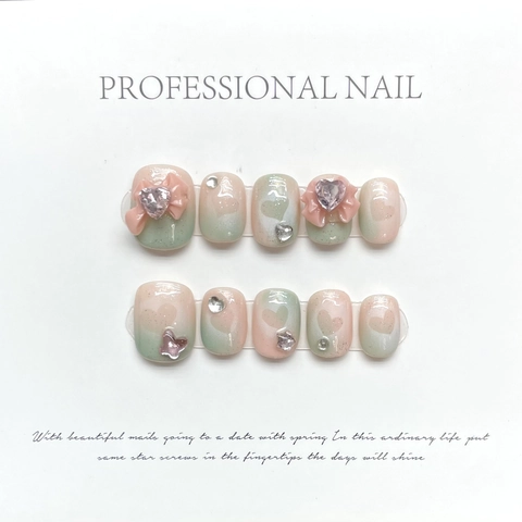 Handmade Press On Nails Pink Green Gradient 3D Bow Heart Rhinestone Sweet Short Glossy Manicure Decorative