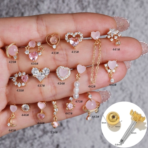 Pendientes Botón Piercing Corazón Estrella Planeta Cobre Circón Gema Rosa Joyería Dulce Mujer Poste Acero Inoxidable