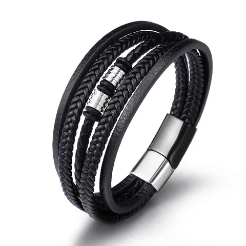 Men's Multi-layer Braided Genuine Leather Bracelet With Stainless Steel Magnetic Clasp Punk Casual Fashion Jewelry