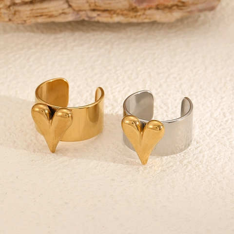 Two Tone Heart Stainless Steel Open Ring For Women Simple Niche Design Gold Plated Adjustable Band Jewelry