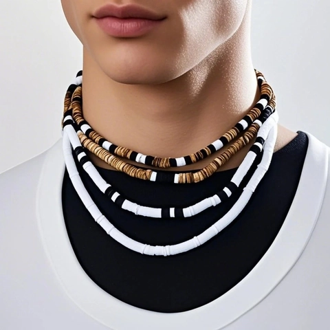 Men Beaded Necklaces Bohemian Polymer Clay Coconut Shell Multi Layer Ethnic Jewelry Handmade Accessories For Men