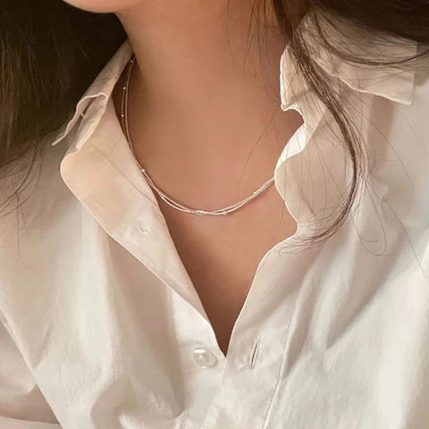 925 Sterling Silver Double Layer Necklace Snake Bone Chain Bead Accents Clavicle Chain Minimalist Elegant Jewelry For Women