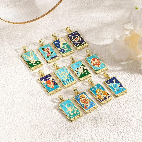 Colgante Signo Del Zodiaco Collar Rectangular Cobre Chapado En Oro 18K Esmalte Circonia Estilo Carta De Tarot Joyería De Moda