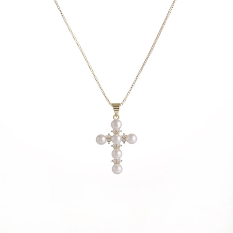 Kreuz Anhänger Halskette Kupfer Mikro Zirkonia Imitation Künstliche Perle Box Kette Elegantes Religiöses Schmuck Geschenk Für Damen