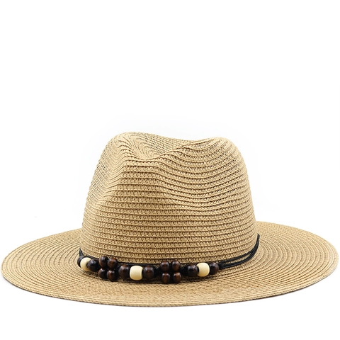 Zomer Panama Fedora Strohoed Zonbescherming Ademend Strand Vakantie Papier Geweven Nautisch Anker Houten Kralen Retro