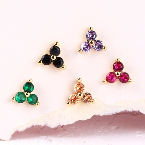 Clover Stud Earrings Brass Gold Plated Colorful Zircon Three Stone Cluster Minimalist Elegant Jewelry For Women