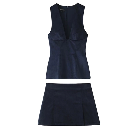 Donna Velluto A Coste Top Senza Maniche Scollo A V Profundo E Minigonna Ad A Streetwear Casual