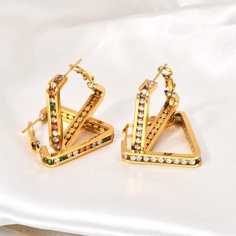 Orecchini a Cerchio Triangolo in Acciaio al Titanio Placcato Oro 18K per Donna Con Strass Colorati e Bianchi Gioielli di Moda