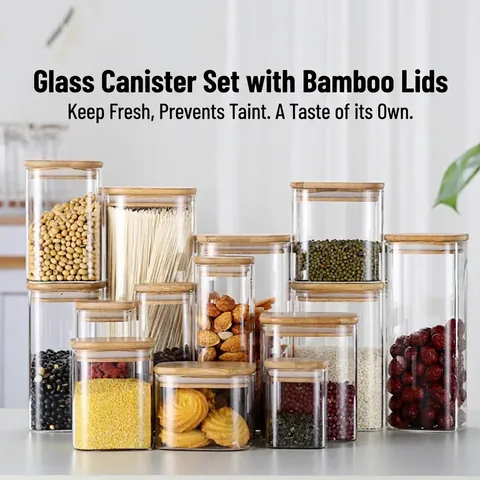 Glass Food Storage Jar With Airtight Bamboo Lid High Borosilicate Transparent Canister For Kitchen Grains Coffee Tea