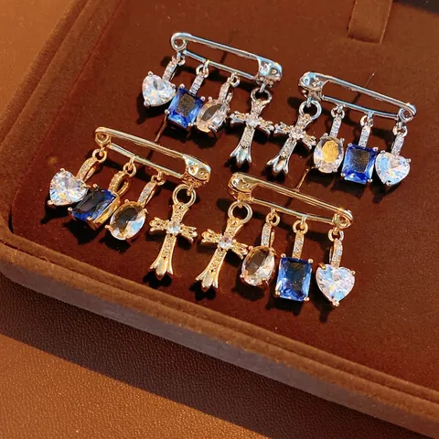 Heart Cross Zirconia Safety Pin Drop Earrings Copper Body With Silver Earring Post Punk Chic Luxury Style Women
