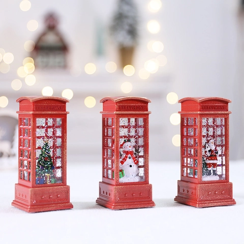 Boule À Neige De Noël Cabine Téléphonique Lumineuse LED Ornement Rouge Rétro Décoration De Table Père Noël Bonhomme De Neige