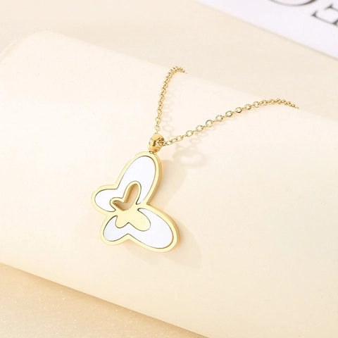 Butterfly Pendant Necklace Stainless Steel White Shell Inlay Double Layer Hollow Sweet Elegant Jewelry For Women