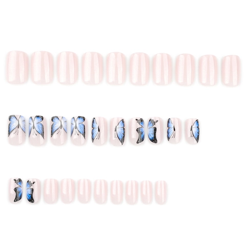 Press On Nails Square Round Medium Long Blue Butterfly Gradient Shimmer Nude Pink Resin False Nails For Women