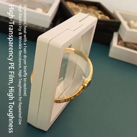 Floating Jewelry Display Box PE Film Transparent Square Suspended Case For Rings Earrings Coins Dustproof Anti-Oxidation