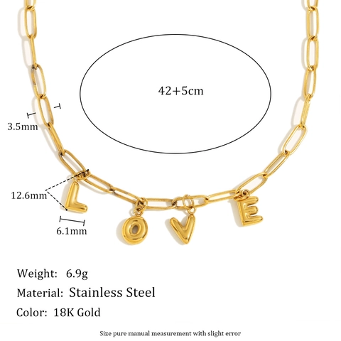 LOVE Letter Pendant Necklace 18K Gold Plated Stainless Steel Paperclip Chain Fashionable Daily Jewelry For Women