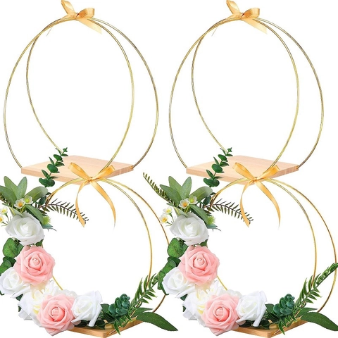 Metal Floral Hoop Centerpiece With Wooden Base For DIY Wedding Table Decoration Golden Round Ring Craft Ornament