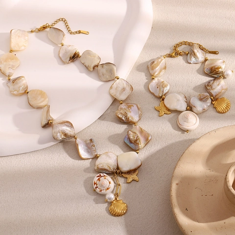 Collana E Bracciale In Conchiglia Barocca Acciaio Inossidabile Placcato Oro Ciondolo Stella Marina Perla Artificial Gioielli Stile Oceano