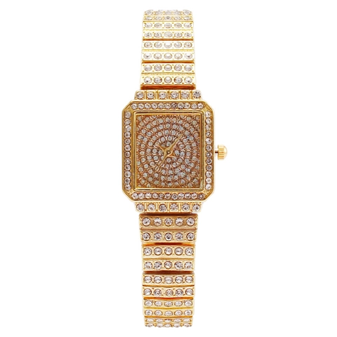 Montre À Quartz Mode Femmes Cadran Carré Entièrement Sertie De Strass Bracelet Métallique Luxe Élégante
