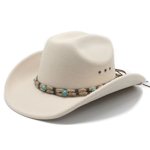 Western Cowboy Hat Wide Brim Cotton Polyester Felt Retro Ethnic Fedora With Turquoise Braided Band For Men Women