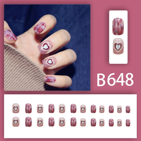 Korte Kunstnagels Plastic Hartpatroon Marmer Inkt Smudge Effect Zoete Pure Desire Stijl Elegante Nepnagels Voor Dames