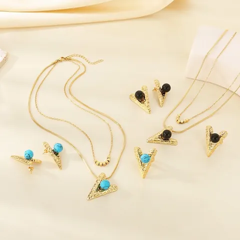 Collier Boucles D'Oreilles Bague En Acier Inoxydable Pour Femmes Couche Martelée Pendentif En V Cœur Künstliche Perle Turquoise Mode Simple Boho