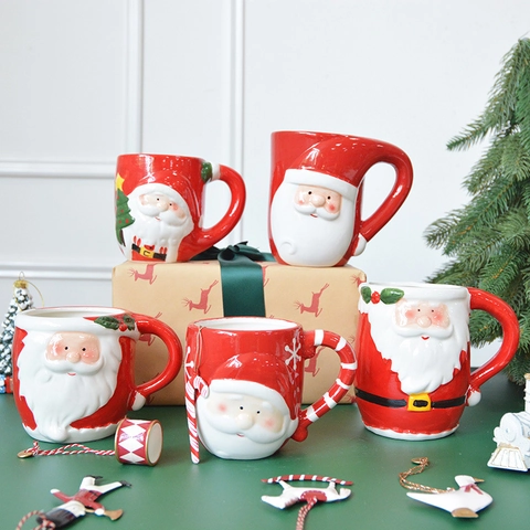 Santa Claus Keramikbecher 3D Relief Handbemalt Große Kapazität Griffbecher Weihnachten Festliches Geschenk Trinkgeschirr