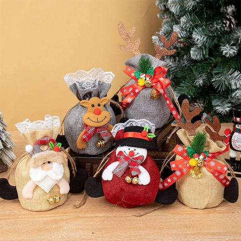 Christmas Gift Bags Linen Drawstring Candy Apple Packaging Santa Reindeer Snowman Festive Lace Bell Decor