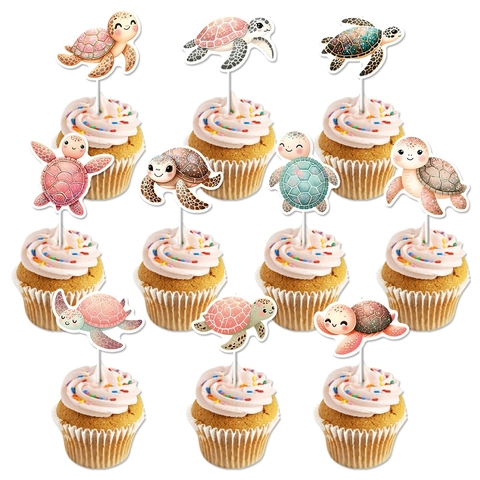 Sea Turtle Cake Toppers Paper Cartoon Ocean Theme Cupcake Inserts For Birthday Party Baby Shower Decoration DIY Supplies